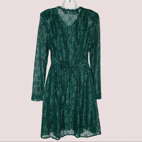 Vintage Green Lace Skater Dress Keyhole‎ Long-Sleeve Tie-Back Bow Christmas - Image 2