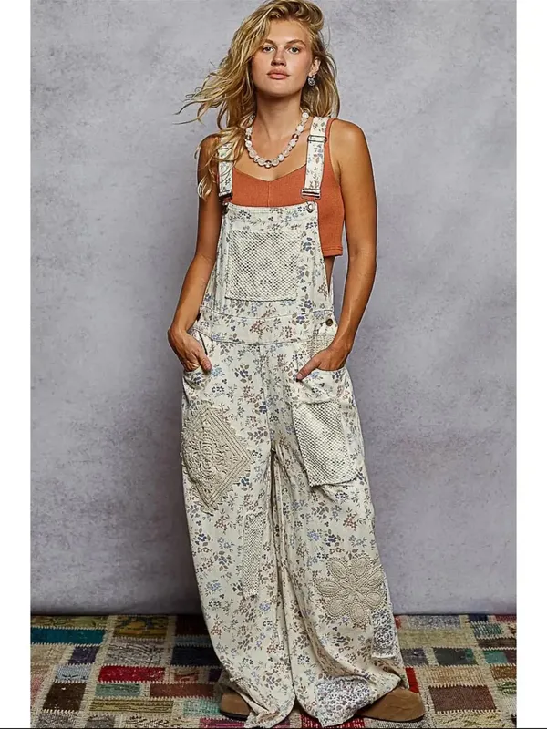 NWT POL Touch of Flowers Crochet Patch Overalls, Cream Floral Patchwork - Image 2