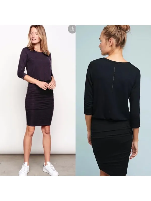 Sundry Ruched Blouson Dress‎ Size XS Black Gold Thread Stretch Knit Mini Capsule - Image 3