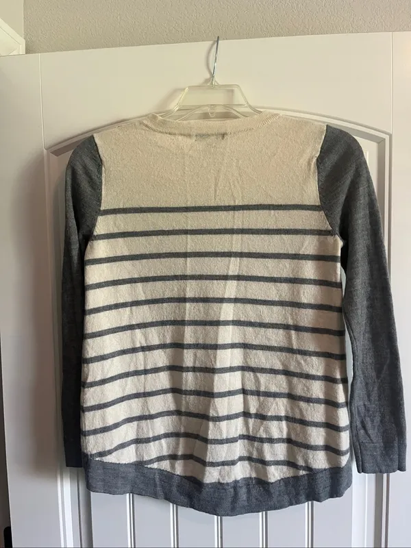 MNG (Mango) Cream & Gray Striped Crewneck Sweater - Image 2