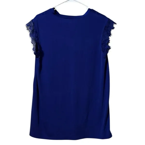 Worthington Women Size Medium V Neck Short Sleeve Blouse Blue Polyester‎ Stretch - Image 2