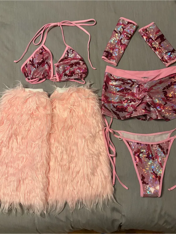 RageKage Small Pink Camo Bikini Set, Low Rise Shorts, Arm Sleeves, Leg Fuzzies - Image 3