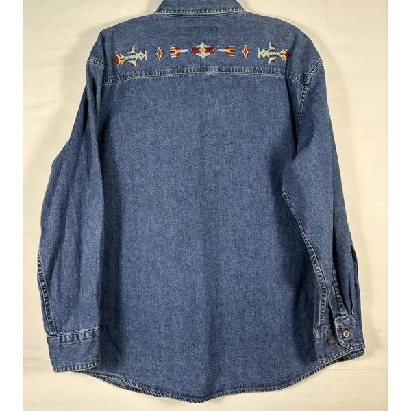 Woolrich Denim Button Down Shirt Southwestern Embroidered Blue Long‎ Sleeve M - Image 2
