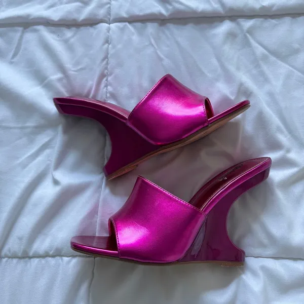 Vintage 90s Madrag Pink Architectural Wedge Sandals Sculpted Heel Mules Fuchsia - Image 6