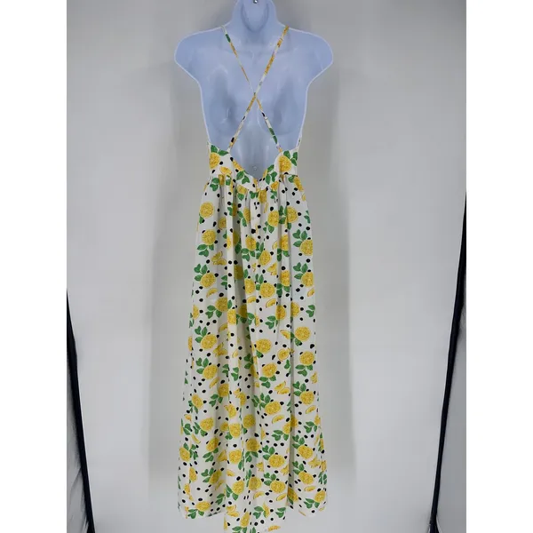 Womens Lemon Print Maxi Dress Halter Neck Size S Slit White‎ Yellow Fun Party - Image 9