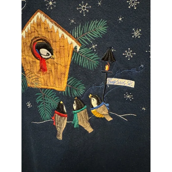 VTG Top Stitch 90s Blue Snow Birdhouse Sweatshirt Large Double Collar USA Made - Image 11