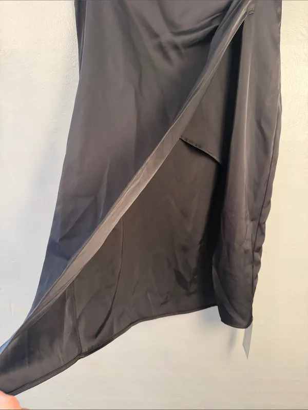 HALARA Black Satin Draped Midi Skirt faux wrap size 12 - Image 3