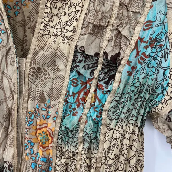 Y2K Piano Patchwork Snap Top Sz M Boho Festival Crinkle Artsy Satin Chiffon Tan - Image 6
