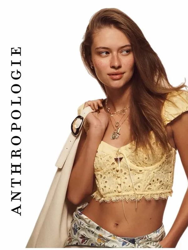 Anthropologie Puff-Sleeve Yellow Eyelet Corset Top - Image 5