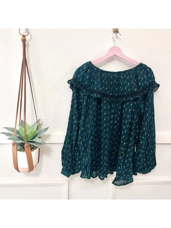 Free People Sunrise Printed Long Sleeve Shirt Black/Teal Size M - Image 7