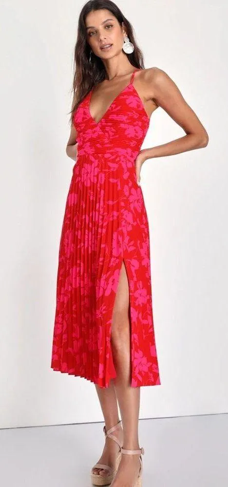 NWT Lulus Vibrant Moment Red and Pink Floral Pleated Midi Dress - Size Medium - Image 3