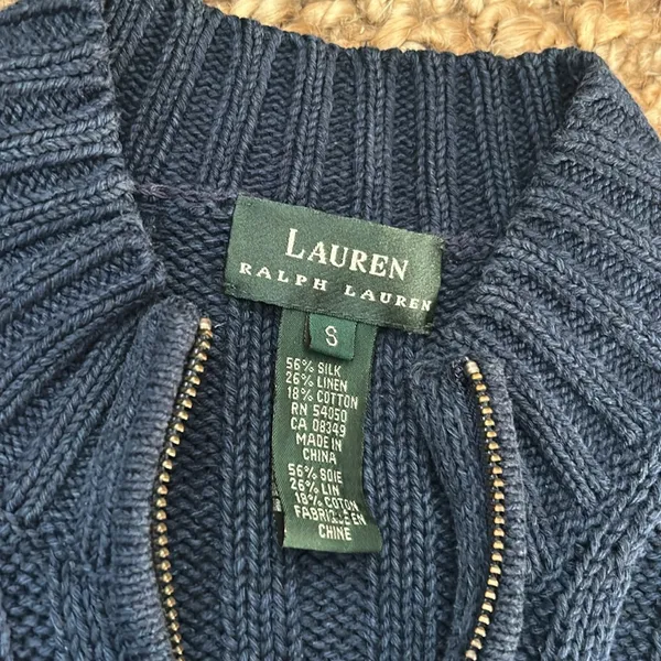 Ralph Lauren Navy Silk Linen Blend Zip Up Knit Sweater Size Small - Image 4