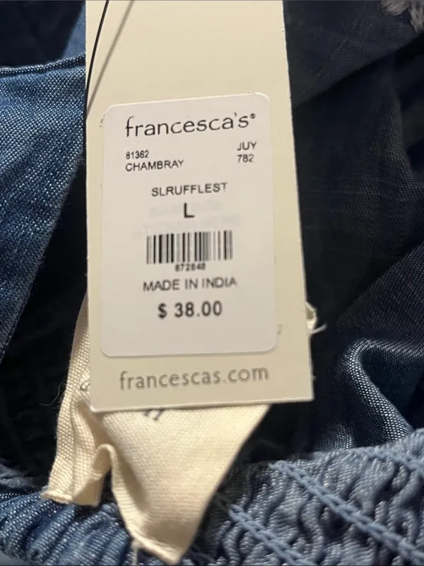Harper Heritage Francesca’s Blue Embroidered Ruffle Denim Top - Size L - NWT - Image 10