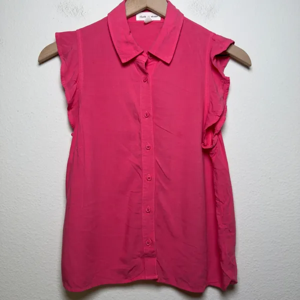 Cloth & Stone Women Ruffle Button‎ Down XS Pink Vibrant Hibiscus Sleeveless Top - Image 4