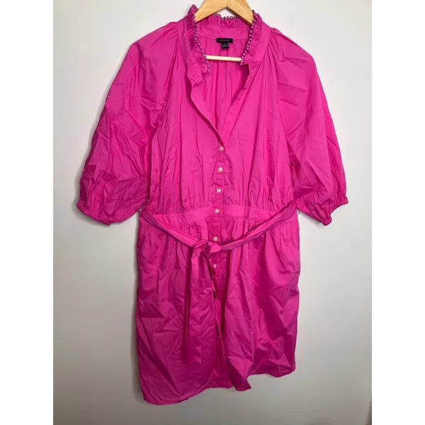 Ann Taylor Shirt Dress Womens 12 Pink Excellent Pom Ruffle Puff Sleeve Belted - Image 4