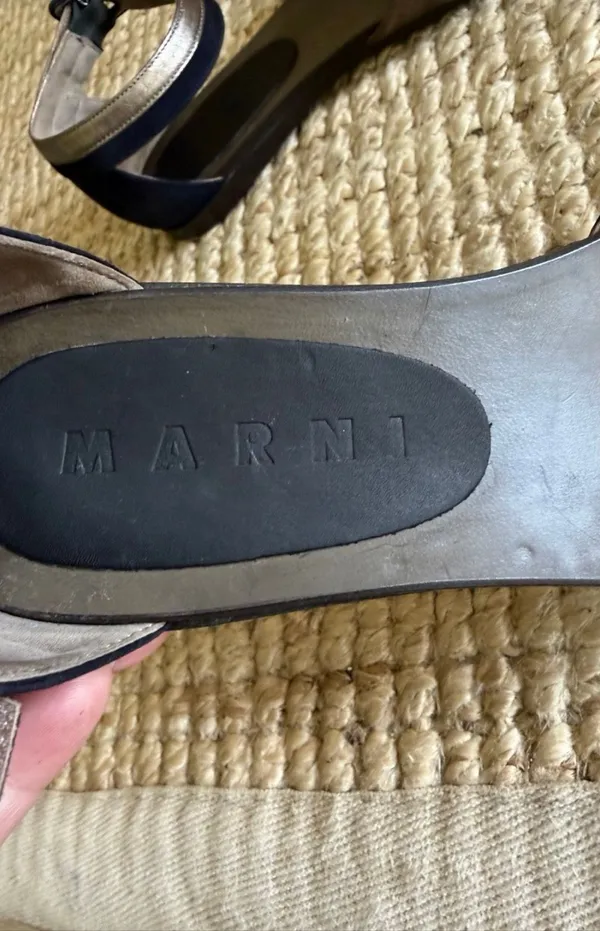 Marni Leather & Suede Flat Sandals Navy Bronze Ankle Strap Size 35 - Image 6