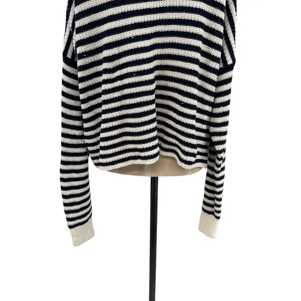 Madewell Ribbed Half-Zip Sweater in Stripe Ivory White Navy Blue‎ Size XXL - Image 11