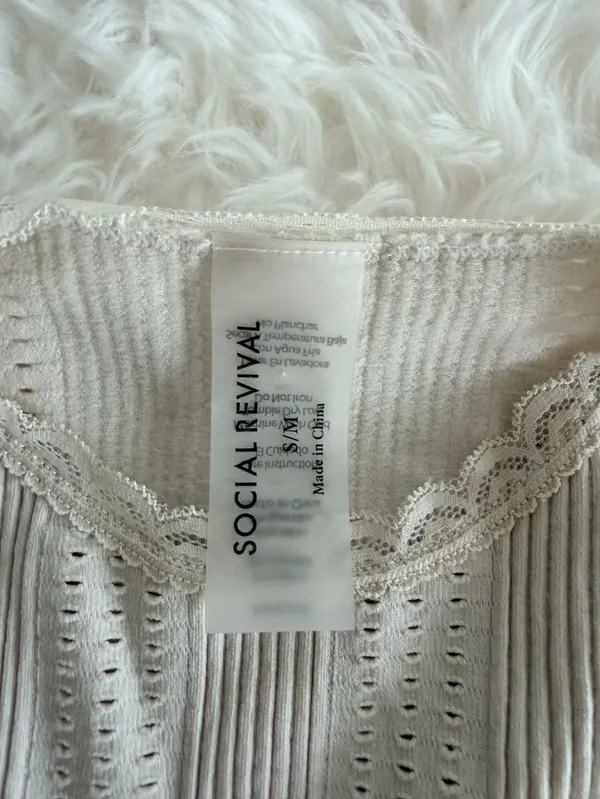 Social Revival Pointelle Ribbed Long Sleeve Cropped Top with Lace Trim, Size S/M - Image 2