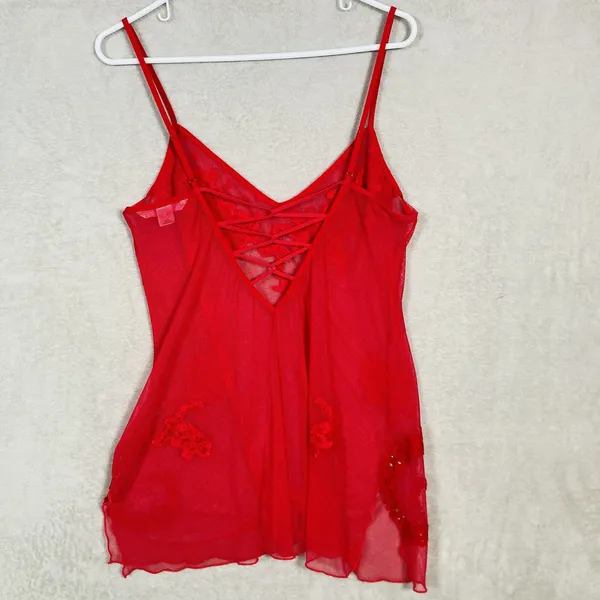Victoria's Secret Babydoll Women Large Red Lace Mesh Rhinestone Corset Back Sexy - Image 3