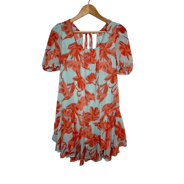 Olivaceous Floral Whimsical Boho Puff Sleeve Mini Dress Orange Blue Size Medium - Image 2
