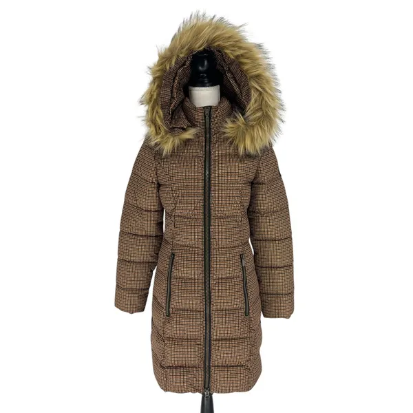 C-RO Denmark Houndstooth‎ 2-Way Stretch Puffer Coat with Faux Fur Hood Size 4 - Image 2