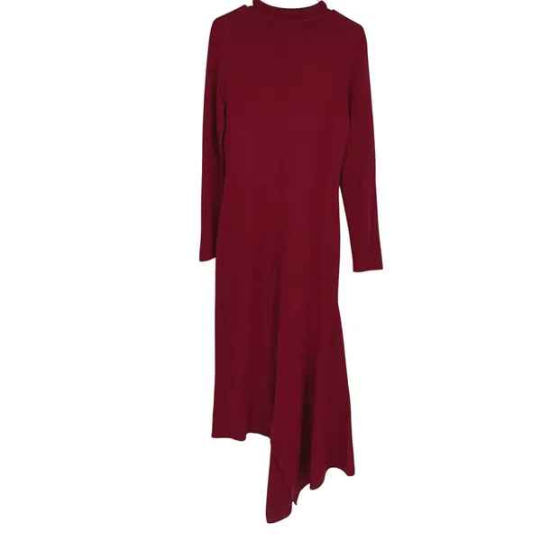 L'Academie Odelya Dress Womens L Wine Red Asymmetrical Knit Wool Blend Maxi - Image 2