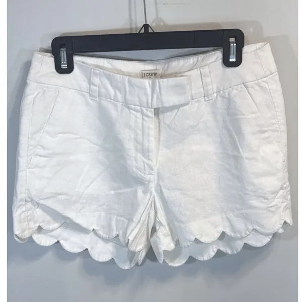 J.Crew White Scalloped Hem Linen Cotton Blend Shorts Women Sz. 4 Nautical Preppy - Image 2