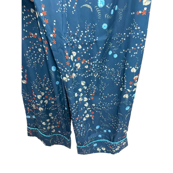 Bed To Brunch Botanical Pajama Lounge Pants Teal Satin Feel Drawstring Small‎ - Image 10