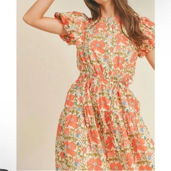 NWT &Merci Cream‎ Orange Floral Puff Sleeve Back Cut Out Lindsay SunDress - Image 5