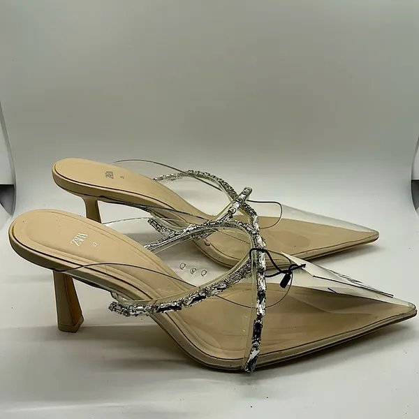 Zara Glitzy See Through Pointed Toe Jeweled Sandals Shoes **Sz 38/US Sz 8** 🔥🔥 - Image 3