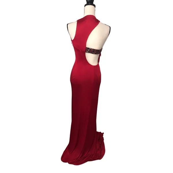 Kurt Thomas Red Cowl Neck Slinky Halter Gown Size 2 Beaded Open Back Maxi Dress - Image 5