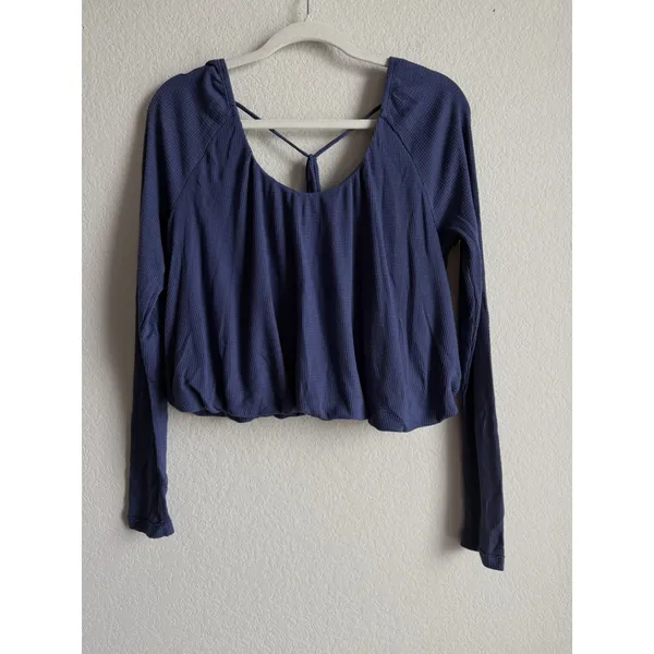 Free People We The Free Women's Medium Bondi‎ Blue Thermal Long Sleeve Crop Top Bohemian - Image 6