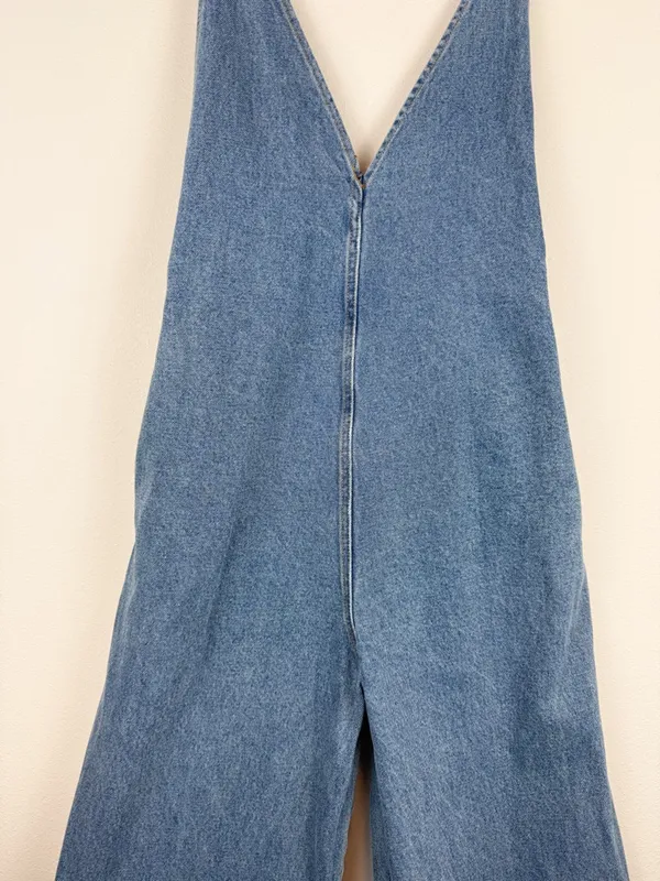 Lel Lab Denim Wide Leg Jumpsuit Baggy Plunging Neck Open Back Size 38/ Medium - Image 4