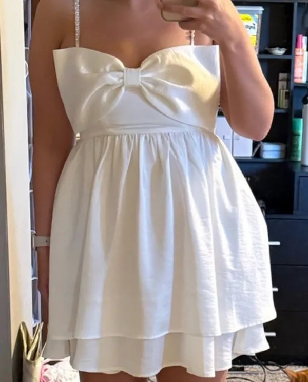 NWT Altar'd State Stassie White Short Pearl Bow Dress Graduation Dress - Image 5