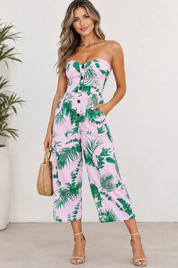 ASOS DESIGN bandeau button front jumpsuit with pockets in tropical print Sz 2 - Image 2