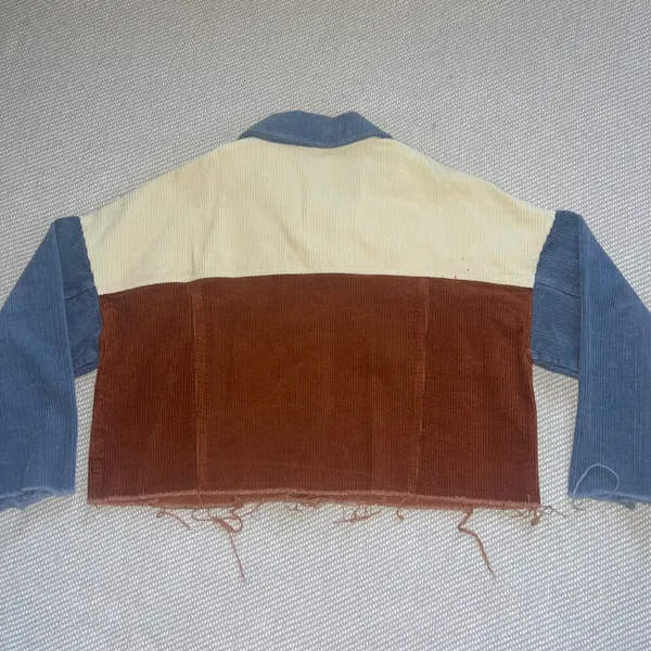 Fashion On Earth Womens Corduroy Blue Cream Brown Colorblock Cut Off Jean Jacket - Image 2