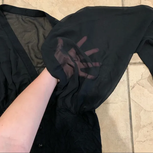 Sheer Long Sleeve Button Down V Neck Blouse Black Size L - Image 3