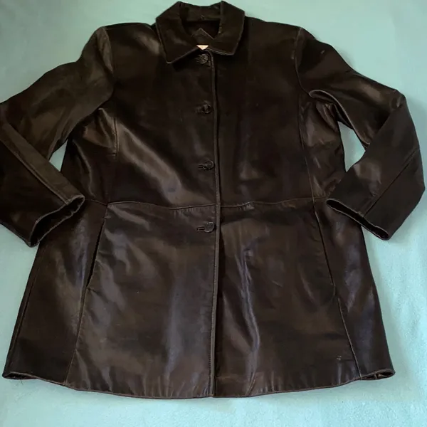 WORTHINGTON lambskin leather longline vintage classic button coat jacket size L - Image 3