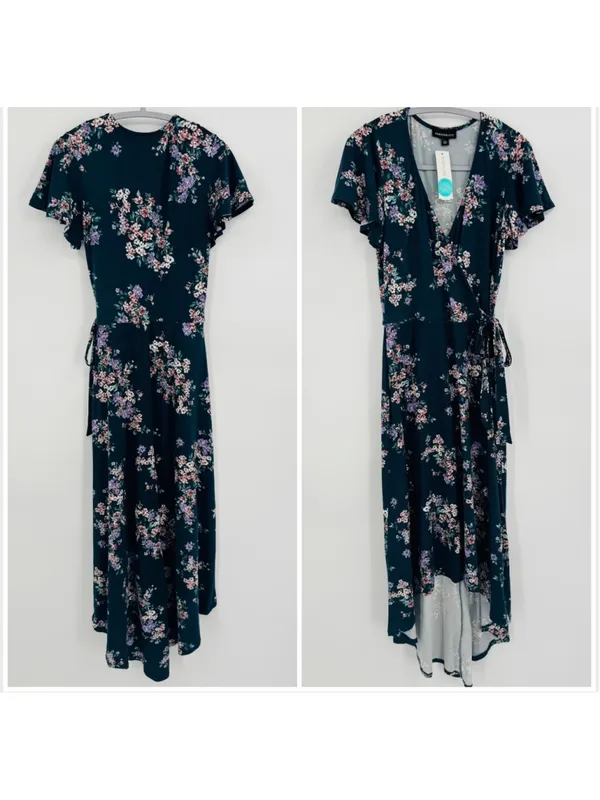NWT Fortune + Ivy Irene Floral High Low Wrap Maxi Dress Navy Pink Size M - Image 3