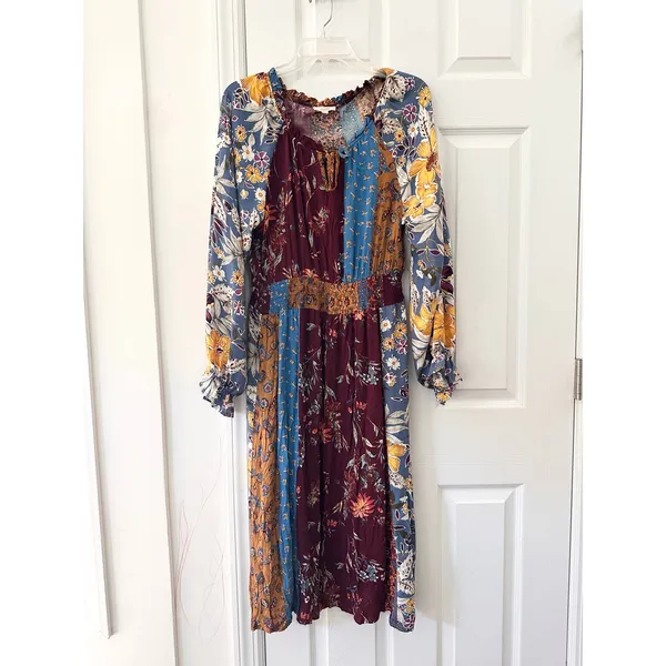 Oddi ODDY Bohemian Patchwork Mixed Print Midi Dress Bishop Sleeve Floral Large - Image 2