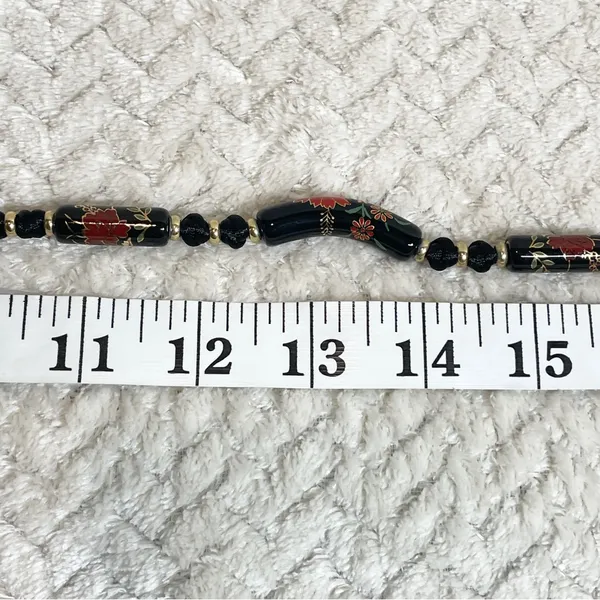 Vintage Black Floral‎ Ceramic Bead Cord Necklace Witchy Goth Romantic - Image 11