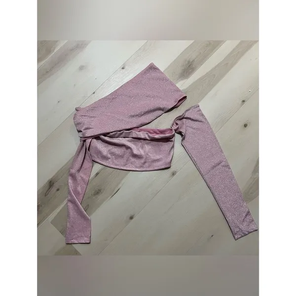 Naked Wardrobe NEW Women XL Pink Shimmer Asymmetrical Y2K Barbie Glam Crop Top - Image 2