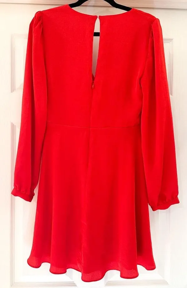 Express Satin Long Sleeve Surplice Fit and Flare Blouson mini Dress Red sz Small - Image 6