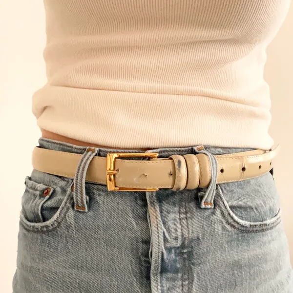 Vintage Beige Leather Belt with Gold Buckle - Image 2
