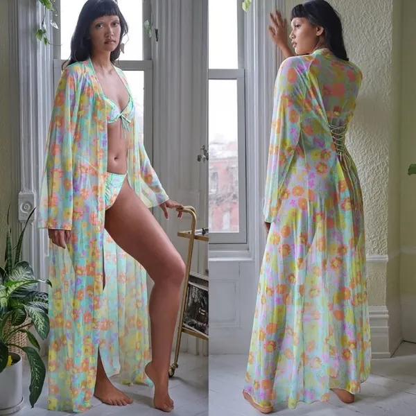 Savage X Fenty FREE SPIRIT FLORAL FULL-LENGTH‎ ROBE pink yellow small sheer NWT - Image 2
