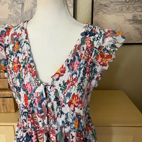 ANTHROPOLOGIE Floral Slocked Mini Dress Size Parge Petite‎ - Image 3