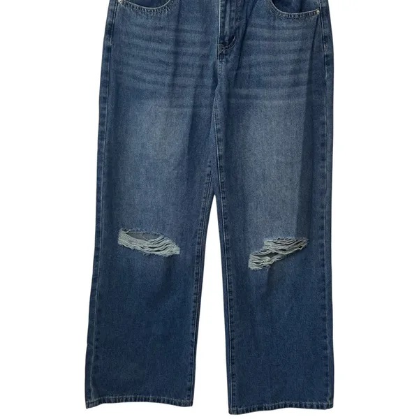 NEW Edikted Mid Rise Wide Leg Distressed Jeans‎ Color Indigo Blue Raw Washed M - Image 4