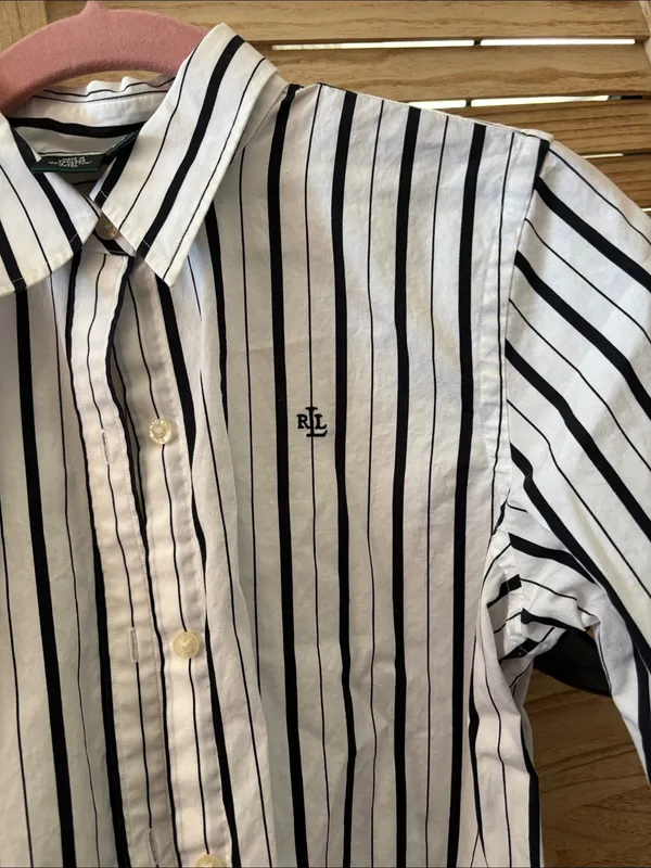 Lauren Ralph Lauren White Shirt with Black Vertical Stripes Petite Petite - Image 2