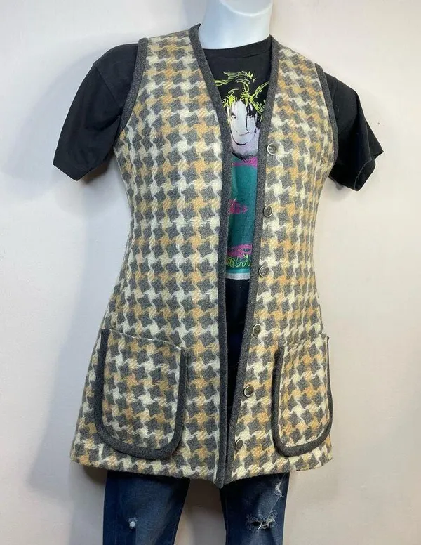 Vintage 60s 70s Patty Woodard Wool houndstooth Plaid Long mod Vest womens 10 S M - Image 8