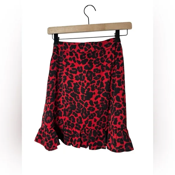 NWT‎ Nasty Gal IVIVI Red Black Leopard Tie Waist Ruffle Mini Skirt L - Image 5